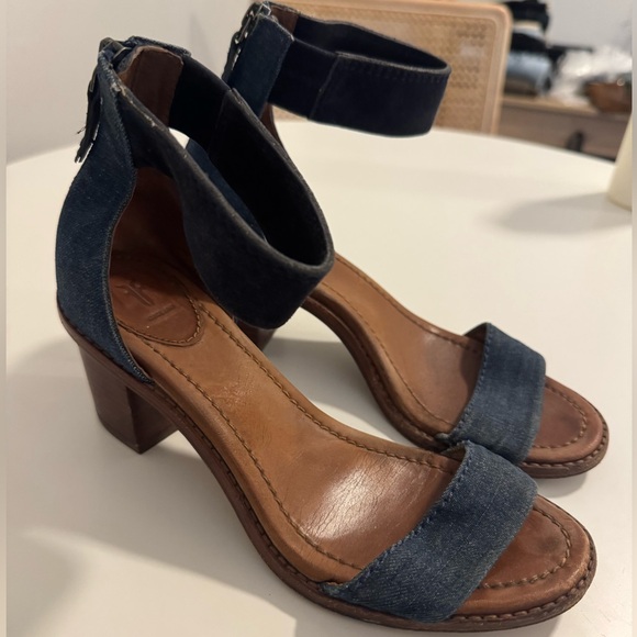 Frye Brielle Back Zip Denim and Suede Block Heel Sandal - Picture 2 of 9